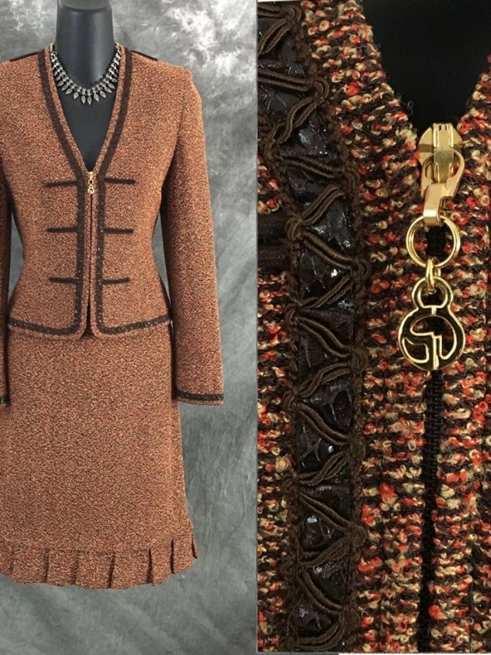 BEAUTIFUL St John Couture knit brown orange multi jacket skirt suit size 2 4